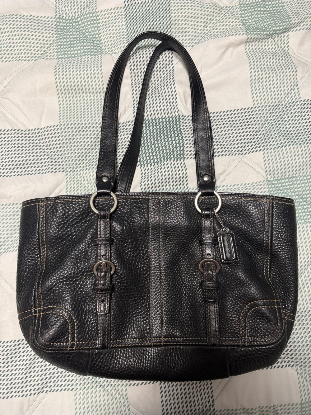 Coach Black Pebble Leather Shoulder Bag with Buckle Rings
